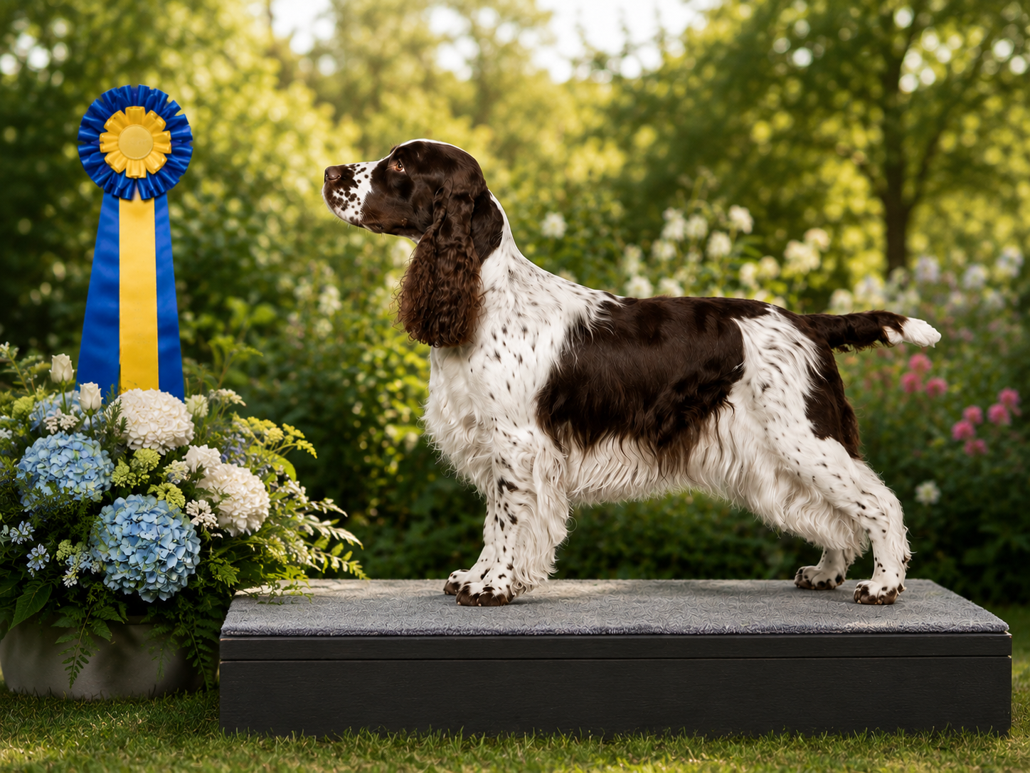 Engelsk Springer Spaniel på utställningspall med rosett